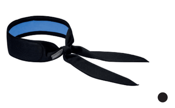 Beispielbild des kühlenden Nackenbandes CV05 in Schwarz mit blauen Details mit Farbbeispiel in Schwarz und hinterlegtem Link zum Artikel.
