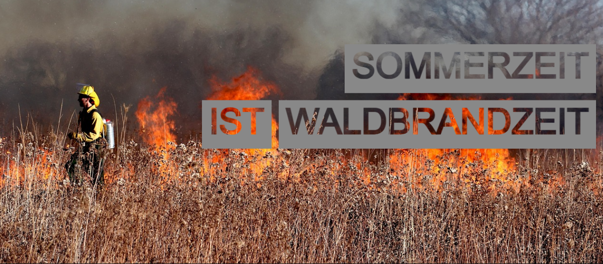 Ein Feuerwehrmann in gelber Schutzausrüstung bewegt sich durch ein trockenes, brennendes Feld. Im Hintergrund lodern hohe Flammen, der Himmel ist vom Rauch verdunkelt. Über dem Bild liegt in großen, kontraststarken Lettern der Schriftzug: „Sommerzeit ist Waldbrandzeit“. Der Text ist zum Teil mit transparentem Hintergrund gestaltet, sodass die Flammen hindurchscheinen.