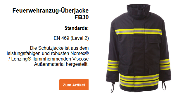 Bild der Feuerwehranzug-Überjacke FB30 in Dunkelblau mit Reflexstreifen und gelben Warnstreifen. Ein kleiner Infotext befindet sich neben dem Bild. Dieser kann auf der Artikelseite eingesehen werden. Der hinterlegte Link führt zur Artikelseite.