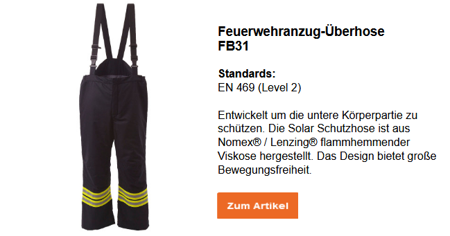 Bild der Feuerwehranzug-Überhose FB31 in Dunkelblau mit Reflexstreifen und gelben Warnstreifen. Ein kleiner Infotext befindet sich neben dem Bild. Dieser kann auf der Artikelseite eingesehen werden. Der hinterlegte Link führt zur Artikelseite.