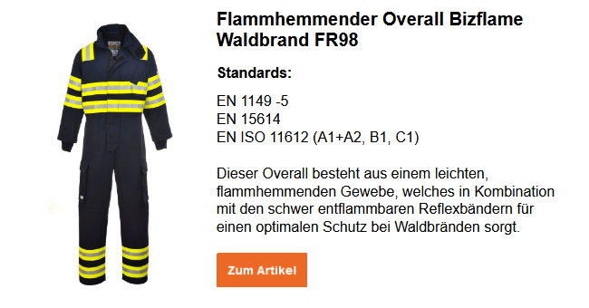 Bild des Flammhemmenden Overalls Bizflame Waldbrand FR98 in Dunkelblau mit Reflexstreifen und gelben Warnstreifen. Ein kleiner Infotext befindet sich neben dem Bild. Dieser kann auf der Artikelseite eingesehen werden. Der hinterlegte Link führt zur Artikelseite.