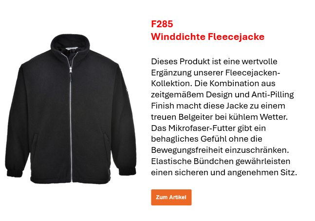 Bild der winddichten Fleecejacke F285 in Schwarz nebst einem kurzen Infotext, der auf der Artikelseite einzusehen ist. Ein Link zum Artikel ist hinterlegt.