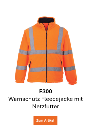 Bild der Warnschutz-Fleecejacke mit Netzfutter F300 in Orange mit Reflexstreifen. Ein Link zum Artikel ist hinterlegt.