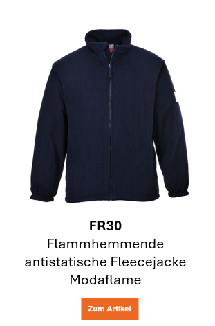 Bild der Flammhemmenden, antistatischen Fleecejacke Modaflame FR30 in Dunkelblau. Ein Link zum Artikel ist hinterlegt.