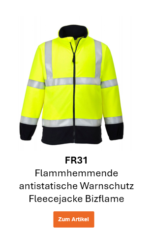 Bild der Flammhemmenden, antistatischen Warnschutz Fleecejacke Bizflame FR31 in Warngelb mit blauen Details und Reflexstreifen. Ein Link zum Artikel ist hinterlegt.