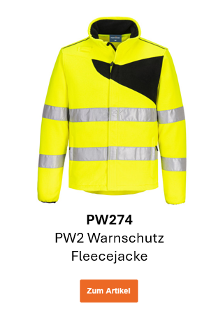 Bild der PW2 Warnschutz-Fleecejacke PW274 in Warngelb mit schwarzen Details und Reflexstreifen. Ein Link zum Artikel ist hinterlegt.