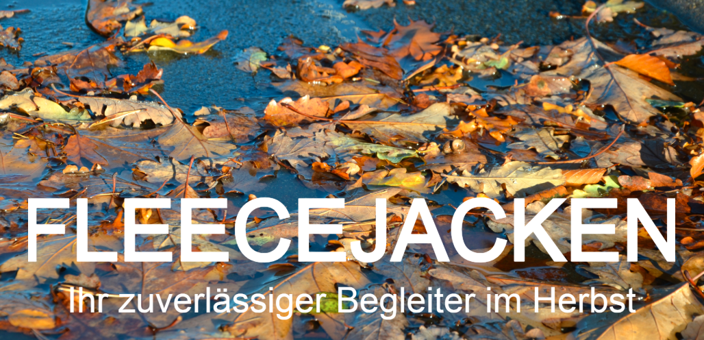 Herbstliches Titelbild mit nassen, bunten Laubblättern auf einer Straße. Weißer Schriftzug: Fleecejacken – Ihr zuverlässiger Begleiter im Herbst.