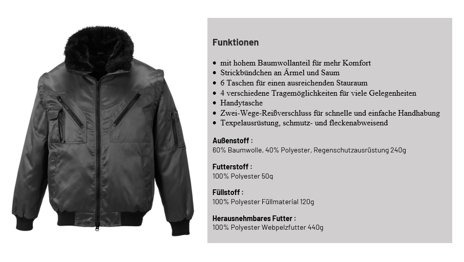 Schwarze Pilotenjacke PJ10 mit einer Liste der Artikeleigenschaften und hinterlegtem Link zum Artikel.