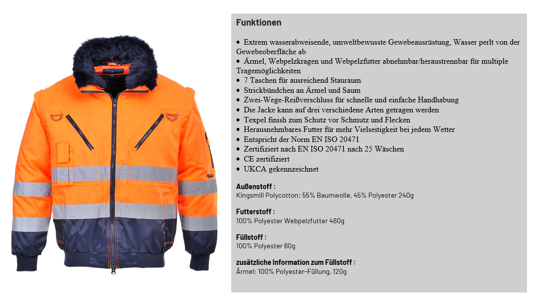 3 in 1 Warnschutz Pilotenjacke PJ50 in Blau-Orange mit Beschreibung der Artikeleigenschaften und Link zum Artikel.