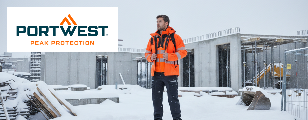Arbeiter tr&auml;gt die leuchtend orangefarbene Portwest DX4 Warnschutz Winterjacke DX461 mit schwarzen Details und Reflexstreifen auf verschneiter Baustelle. 