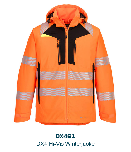 Bild der DX4 Warnschutz Winterjacke DX461 in Orange mit schwarzen und gelben Details und Reflexstreifen. Ein Link zum Artikel ist hinterlegt.