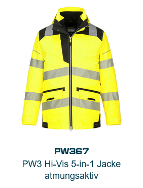 Bild der PW3 Warnschutz Atmungsaktiven 5-in-1 Jacke PW367 in Gelb mit schwarzen Details und Reflexstreifen. Ein Link zum Artikel ist hinterlegt.