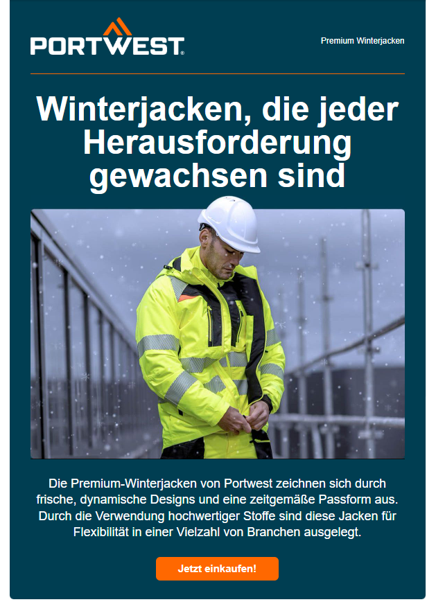 Titelbild mit der Überschrift "Winterjacken, die jeder Herausforderung gewachsen sind" und einem Bild von einem Arbeiter in wanrgelber Winterkleidung. Der Mann trägt einen weißen Schutzhelm und schließt gerade den Reißverschluss seiner Jacke. Im Hintergrund sieht man eine verschneite Baustelle. Ein Link zu unseren Winterjacken ist hinterlegt.