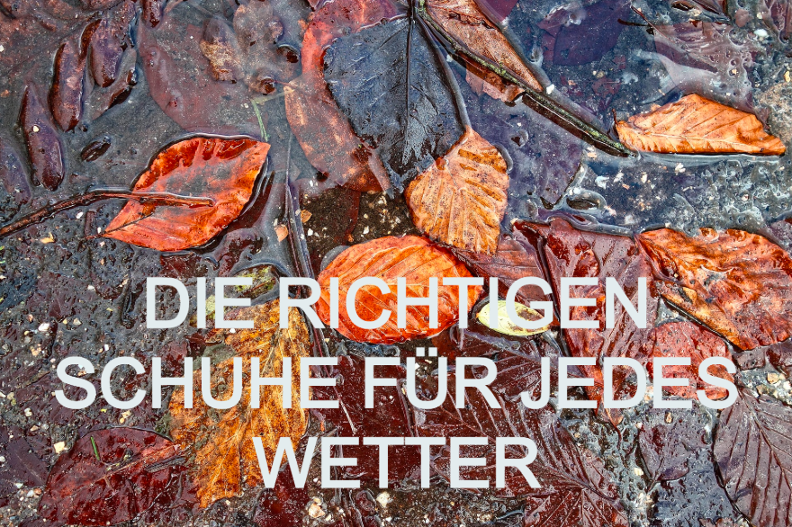 Buntes Herbstlaub liegt auf einem regennassen Boden. Darüber in weißer Schrift der Slogan: 'Die richtigen Schuhe für jedes Wetter'. Ein Link zu unseren Aqua-Schuhen ist hinterlegt.