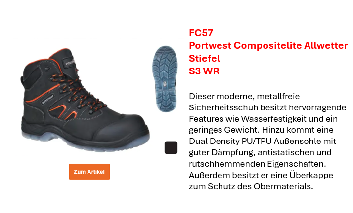 Bild des Portwest Compositelite Allwetter Stiefels S3 WR FC57 in Schwarz mit orangen Details nebst einer kurze Beschreibung des Artikels, die auf der Artikelseite einzusehen ist. Ein Link zur Artikelseite ist hinterlegt. Außerdem sieht man eine Abbildung der Unterseite des Schuhs. 