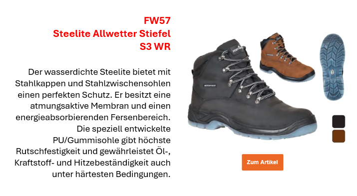 Bild des Steelite Allwetter Stiefels S3 WR FW57 in Schwarz mit grauer Sohlenebst einer kurze Beschreibung des Artikels, die auf der Artikelseite einzusehen ist. Ein Link zur Artikelseite ist hinterlegt. Außerdem sieht man den Schuh in Braun und von der Unterseite.
