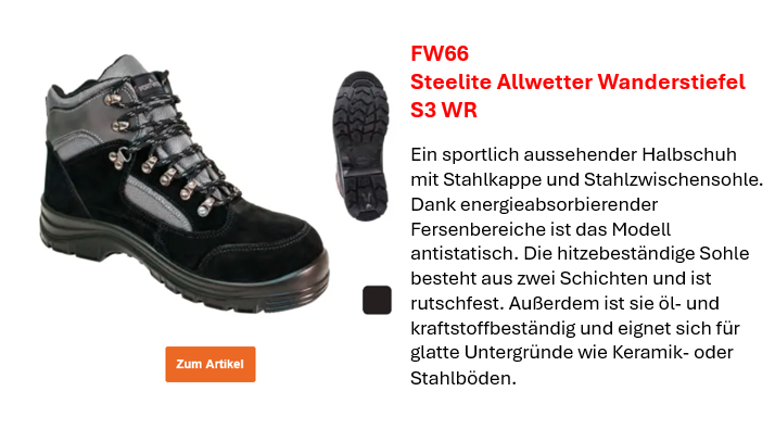 Bild des Steelite Allwetter Wanderstiefels S3 WR FW66 in Schwarz mit grauen Details nebst einer kurze Beschreibung des Artikels, die auf der Artikelseite einzusehen ist. Ein Link zur Artikelseite ist hinterlegt. Außerdem sieht man eine Abbildung der Unterseite des Schuhs. 