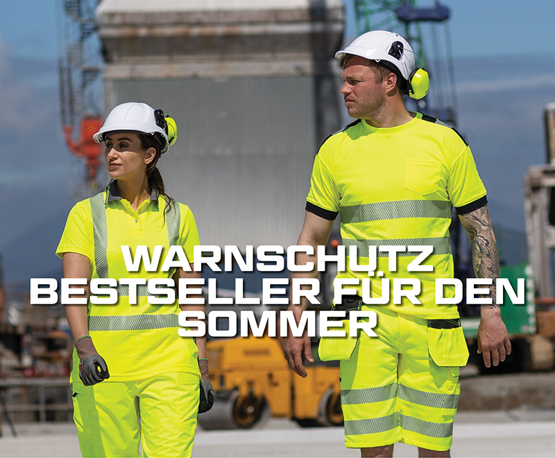 Modellbild zweier Arbeiter in gelber Warnschutzkleidung mit der Aufschrift: Warnschutz Bestseller für den Sommer.