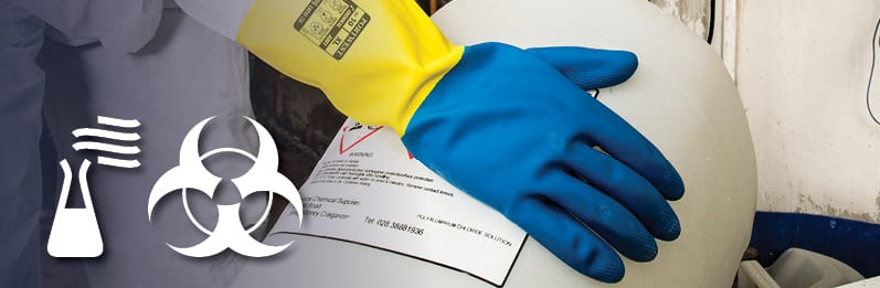 Modellbild von Chemikalienschutzhandschuhen in Gelb und Blau mit Warnsymbolen für gefährliche Chemikalien