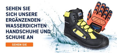 Link zu ergänzenden wasserdichten Schuhen und Handschuhen mit Beispielbild von Schuh und Handschuh.