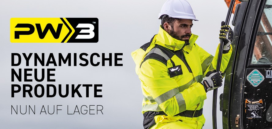 Arbeiter mit Schutzhelm und gelber Warnschutzkleidung aus der PW3-Kollektion von Portwest..