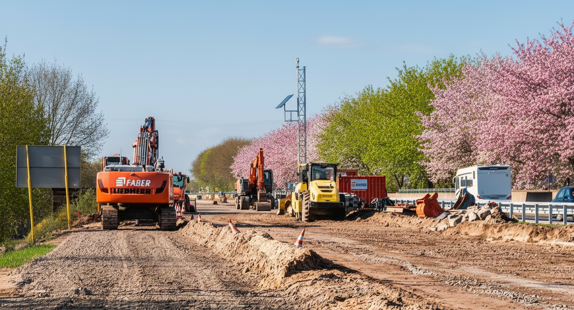 Baustelle mit verschiedenen Baggern und Fahrzeugen. Rechts und links von der ungeteerten Straße befinden sich Bäume mit frischem Grün und rosa Blüten.