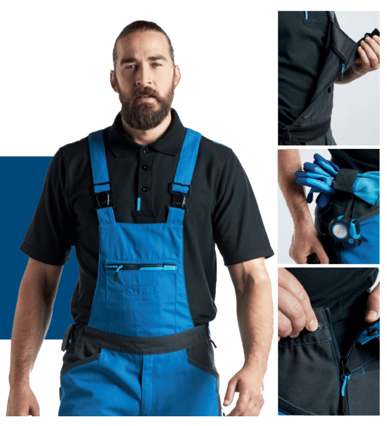 Modellbild der Latzhose T704 in blau mit Detailaufnahmen mit Link zur Hose.