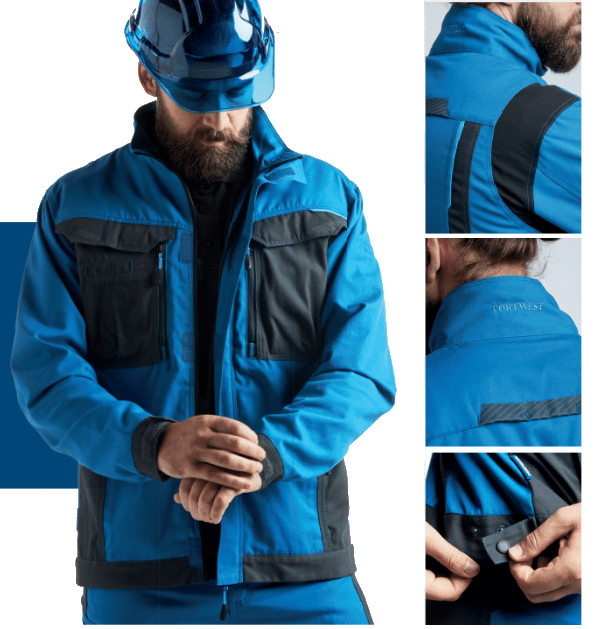 Modellbilder der Jacke T703 in blau mit Detailaufnahmen mit Link zur Jacke.