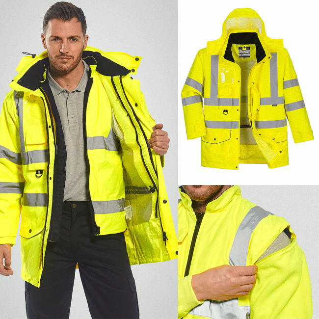 Arbeiter in Portwest Hi-Vis Multifunktionsjacke