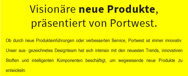 Gelb hinterlegter Text zu den visionären, neuen Produkten von Portwest.