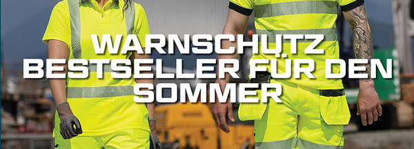 Modellbild zweier Arbeiter in gelber Warnschutzkleidung mit der Aufschrift: Warnschutz Bestseller für den Sommer.
